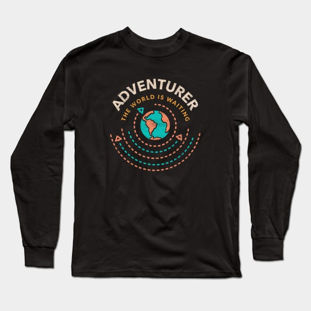 Adventurer The World Is Waiting Gift For Travelers Globe Long Sleeve T-Shirt by Lone Wolf Works